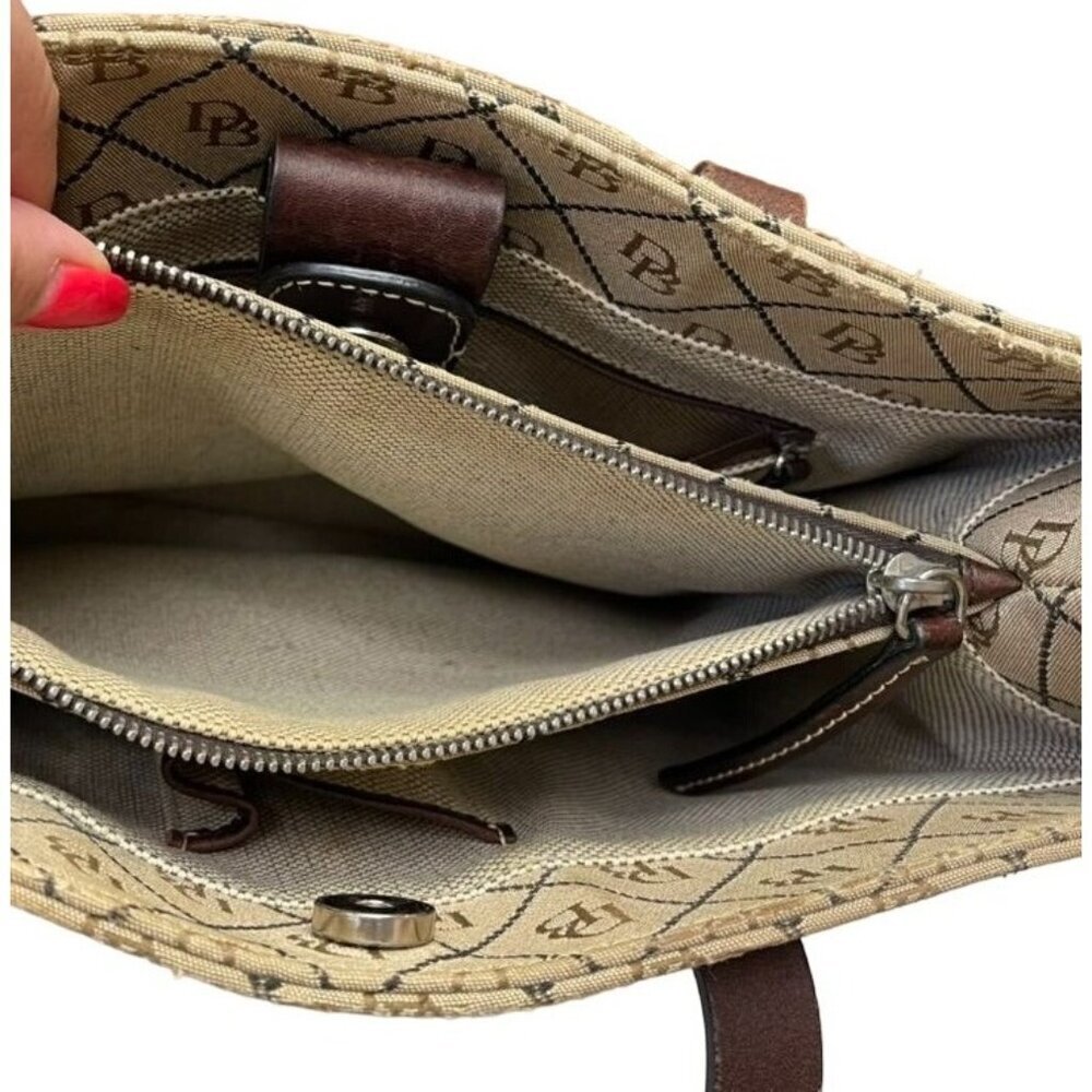 Numbered Dooney & Bourke Beige Logo Tote Bag With Brown Leather Straps and Trim - Picture 10 of 13